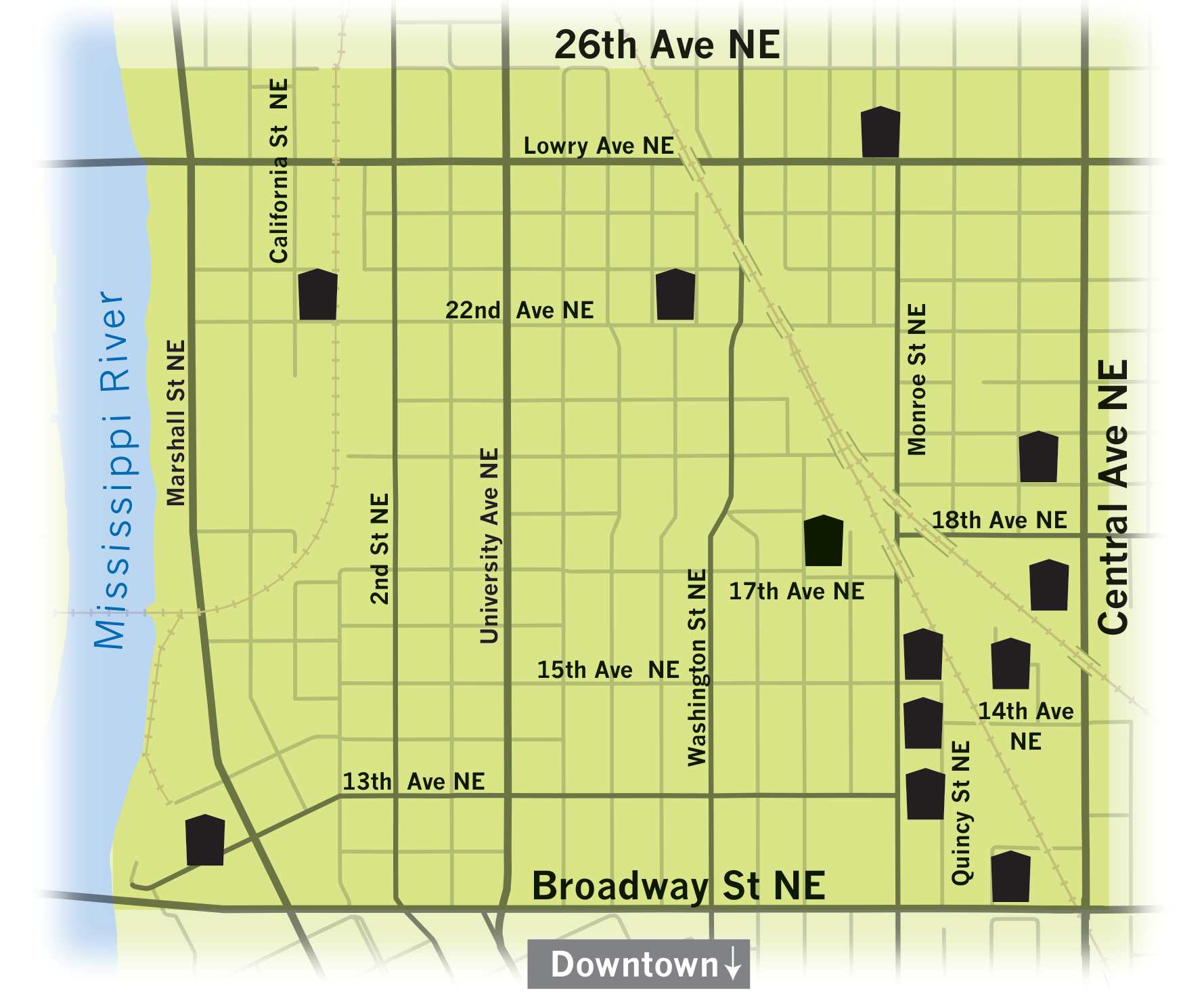 Map of the Northeast Minneapolis Arts District, bounded by 26th Ave NE, Central Ave NE, Broadway St NE and the Mississippi River, with art buildings marked
