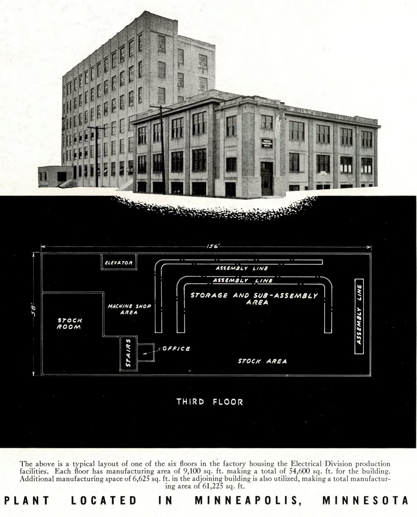 1940s brochure page showing the Franklin Transformer factory building and a third-floor plan