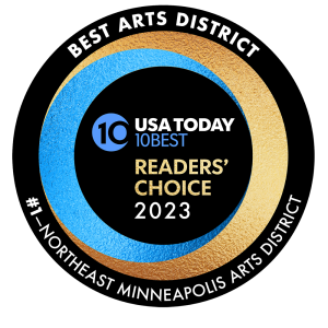 USA Today 10Best Readers Choice 2023 award seal naming the Northeast Minneapolis Arts District as the Best Arts District.