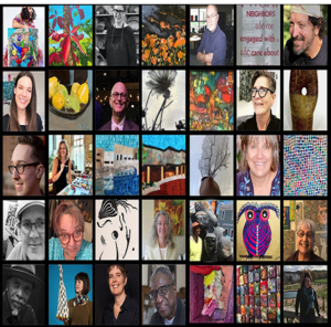 A collage of thirty individual portrait photos and images of artwork by different people.