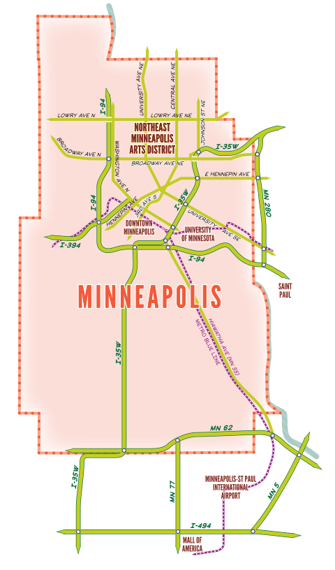 Map of Minneapolis showing the Arts District's location.