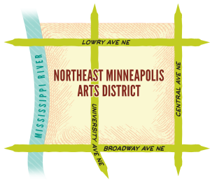 Map of the Northeast Minneapolis Arts District showing the Mississippi River, Lowry Ave NE, Central Ave NE, University Ave NE, and Broadway Ave NE.