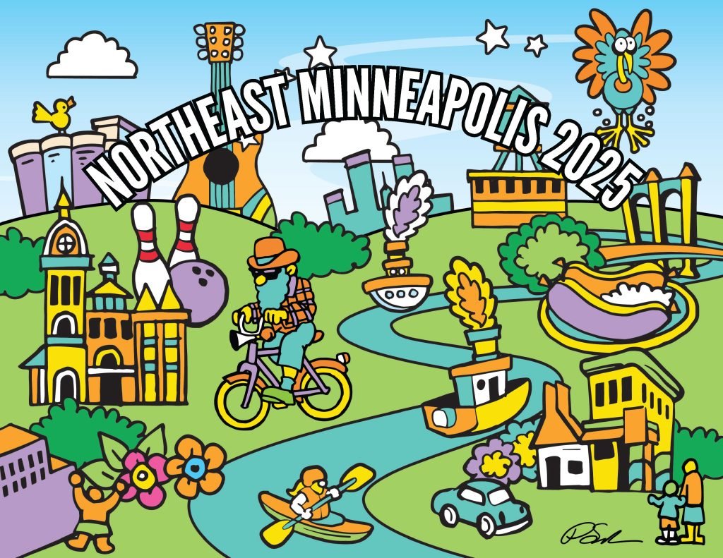 Cartoon illustration of Northeast Minneapolis with text NORTHEAST MINNEAPOLIS 2025 featuring a cyclist, a kayaker, a bowling alley, boats, and a hot dog.