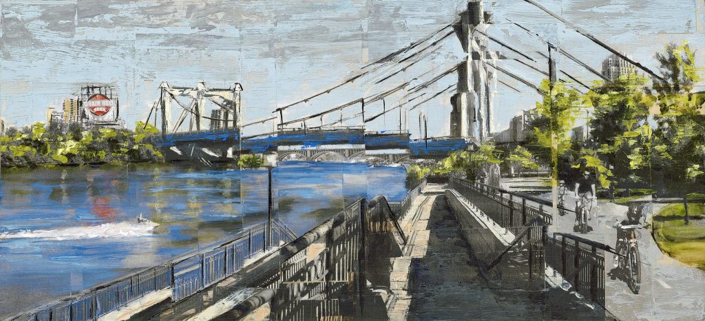 Mixed-media artwork of a riverfront path leading toward the Hennepin Avenue Bridge in Minneapolis, featuring a cyclist and a distant Grain Belt Beer sign.