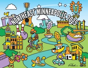 Illustrated map of Northeast Minneapolis featuring iconic landmarks, a cyclist, a kayaker, and a boat, with the text NORTHEAST MINNEAPOLIS 2025 arched across the center.