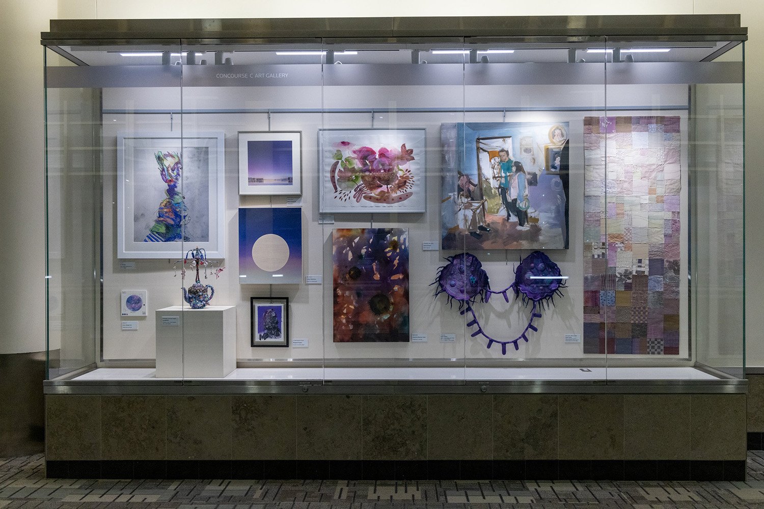 A glass display case in an art gallery containing various framed paintings, a ceramic teapot, a textile sculpture, and a quilted wall hanging.