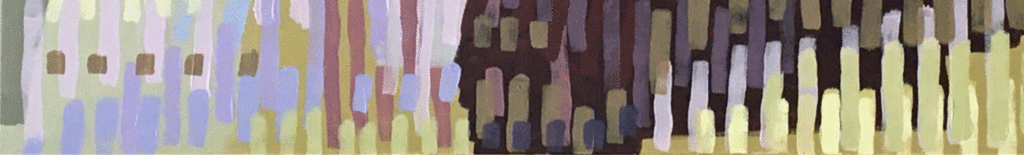 An abstract painting consisting of repeating vertical brushstrokes in shades of lavender, olive, brown, and cream.