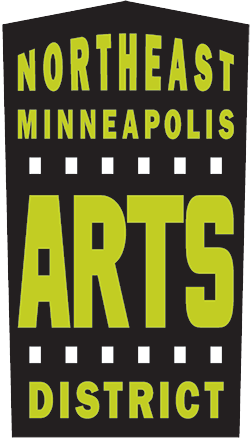Logo for the Northeast Minneapolis Arts District featuring yellow text on a black background with two horizontal lines of white squares.