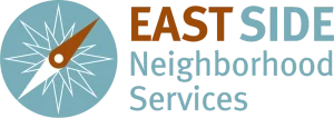 Logo for East Side Neighborhood Services featuring a compass icon next to the organizations name.
