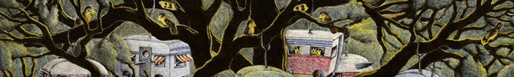 Small vintage trailers hang from the branches of a dark, stylized tree inhabited by several birds.