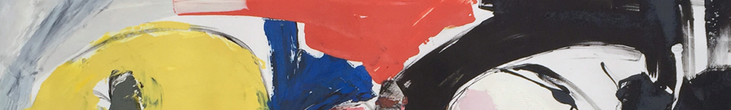 Abstract painting featuring bold, sweeping brushstrokes in yellow, red, blue, and black against a white background.