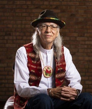 An older man with long grey hair, glasses, and a hat wearing a patterned vest and a round pendant necklace, sitting with his hands clasped.