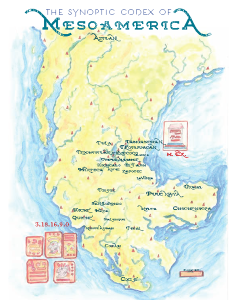 Illustrated map titled The Synoptic Codex of Mesoamerica, depicting ancient city-states and regions with associated glyphs and dates.