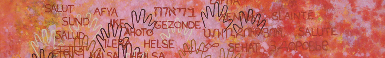 Abstract orange and red background featuring overlapping handprint outlines filled with various international words for health.