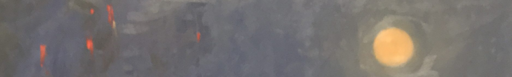An abstract painting with a glowing yellow orb on the right against a dark, textured blue background with faint vertical red strokes on the left.