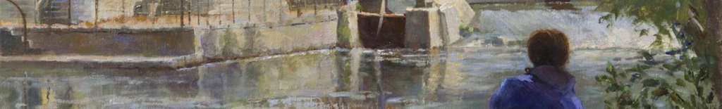An oil painting of a person in a blue jacket looking toward a stone weir on a river.