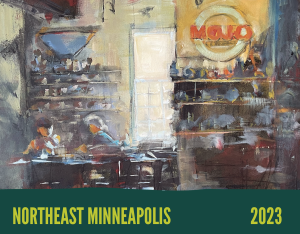 Impressionistic painting of a cafe interior with the word MOJO on the wall, with text below reading NORTHEAST MINNEAPOLIS 2023.