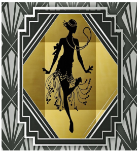 Art Deco-style graphic of a silhouetted flapper dancer in a beaded dress against a gold and black geometric background.
