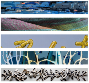 A composite image of five horizontal panels: an abstract blue painting, a folded woven textile, yellow balloon letters, a stylized painting of white trees, and a row of abstract white and black ceramic sculptures.
