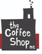 Logo for the Coffee Shop ne featuring a stylized building outline with stars rising from a chimney.