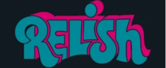 The word RELISH written in a stylized, teal, bubble-letter font with a pink shadow on a dark background.