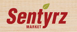 Logo for Sentyrz Market with the word Sentyrz in large red letters featuring a small green leaf above the y, and the word MARKET in smaller red letters below.