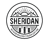 Circular logo for the Sheridan Neighborhood Organization, featuring an illustration of houses, trees, and a sun.