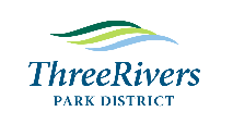 Logo for the Three Rivers Park District featuring three stylized, layered waves in green and blue above the organizations name.