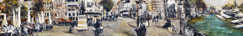 An impressionistic painting of a lively canal-side city street with outdoor cafes, people walking, and a statue.