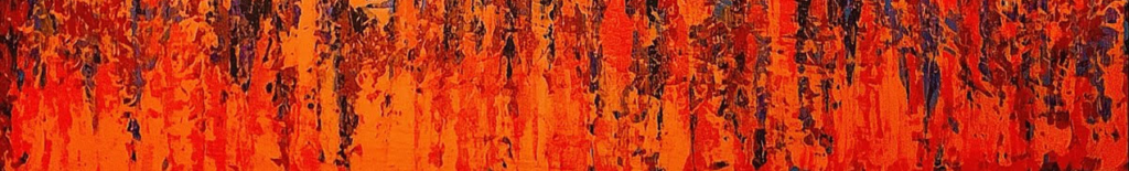 Abstract painting with vertical, textured strokes of bright orange, red, and dark blue.