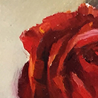 Close-up of a vibrant red flower painted with visible, textured brushstrokes.