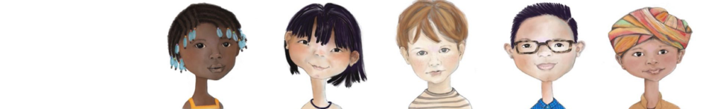 Five illustrated children with diverse features and hairstyles standing in a row.