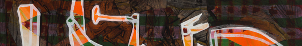 Abstract painting with white outlined shapes, bright orange accents, and dark brown, green, and purple patterned layers.