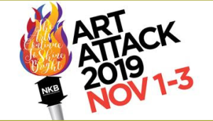 Event poster for Art Attack 2019, held November 1-3, featuring a torch graphic with the text The Arts Continue To Shine Bright and the NKB logo.