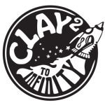 Circular logo featuring a rocket ship taking off through a field of stars, with the text CLAY 2 TO INFINITY curved around the border.