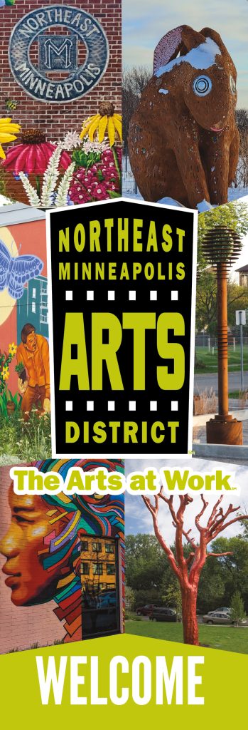 Collage of public art and murals in the Northeast Minneapolis Arts District, featuring a central sign that reads Northeast Minneapolis Arts District: The Arts at Work.