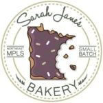 Logo for Sarah Janes Bakery featuring a toaster pastry shaped like the state of Minnesota with a bite taken out of it, reading Northeast MPLS and Small Batch.