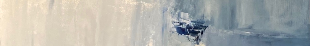 Abstract painting with soft vertical strokes in shades of white, gray, and blue, featuring a concentrated area of deep blue and dark gray textures in the center right.