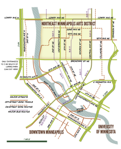 Map of Northeast Minneapolis, showing the Arts District, major streets, bike paths, bus routes, and proximity to downtown Minneapolis and the University of Minnesota.