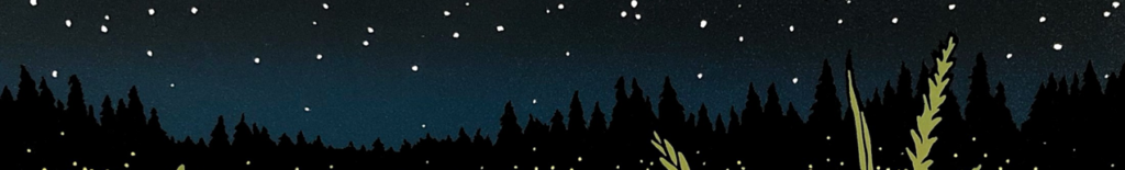 Illustration of a dark forest silhouette under a starry night sky with glowing fireflies in the tall grass.