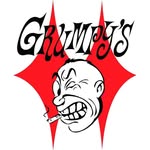 Logo for Grumpys featuring a cartoon illustration of a winking man smoking a cigarette over a red diamond-shaped background.