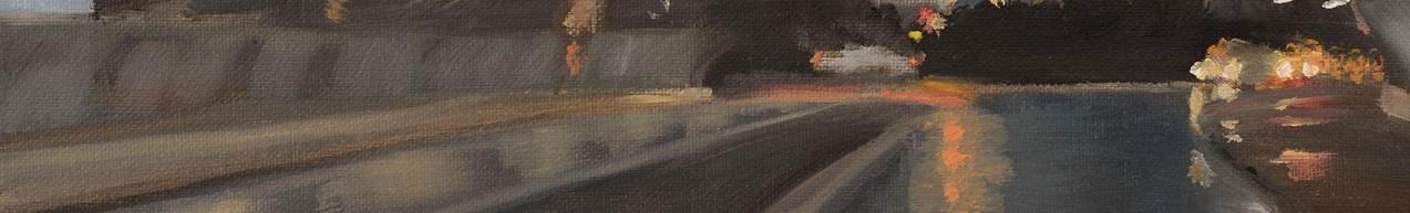 An impressionistic oil painting of a road at night with blurred car headlights and streetlights reflecting on the pavement.