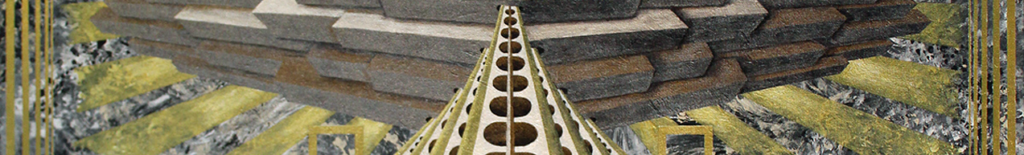 A tall, narrow tower with a circular pattern rises toward a large, dark, tiered rectangular structure, set against a background of textured grey and gold rays.