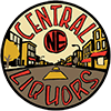 Circular logo for Central Liquors featuring an illustration of a city street and the letters NE in a central circle.