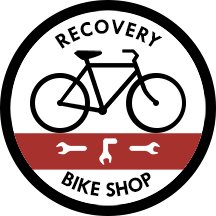 Logo for Recovery Bike Shop featuring an illustration of a bicycle above three wrenches.
