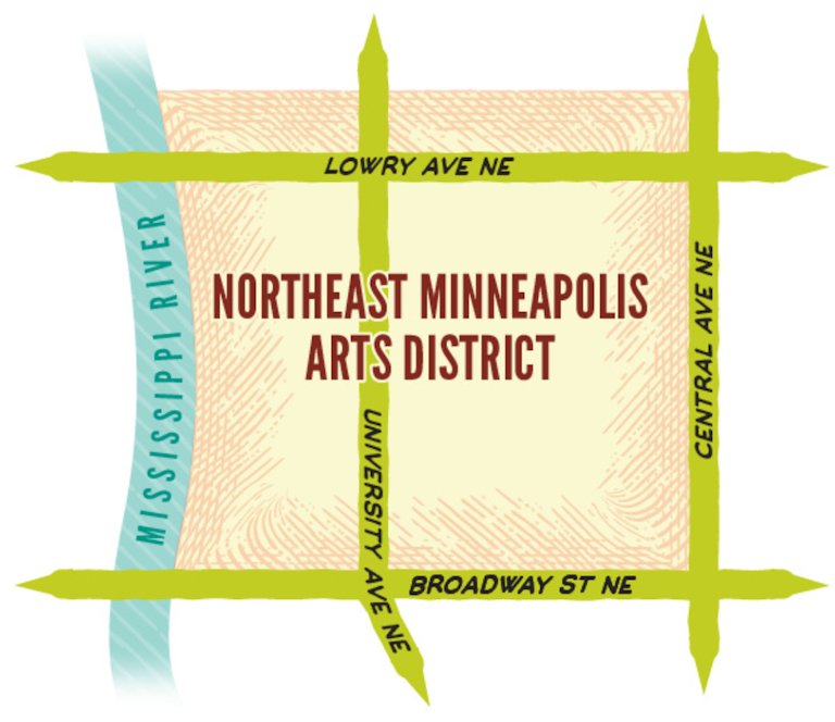 A map showing the boundaries of the Arts District. The Mississippi river to the West, Lowry Avenue to the North, Central Avenue to the East, and Broadway Street to the South.