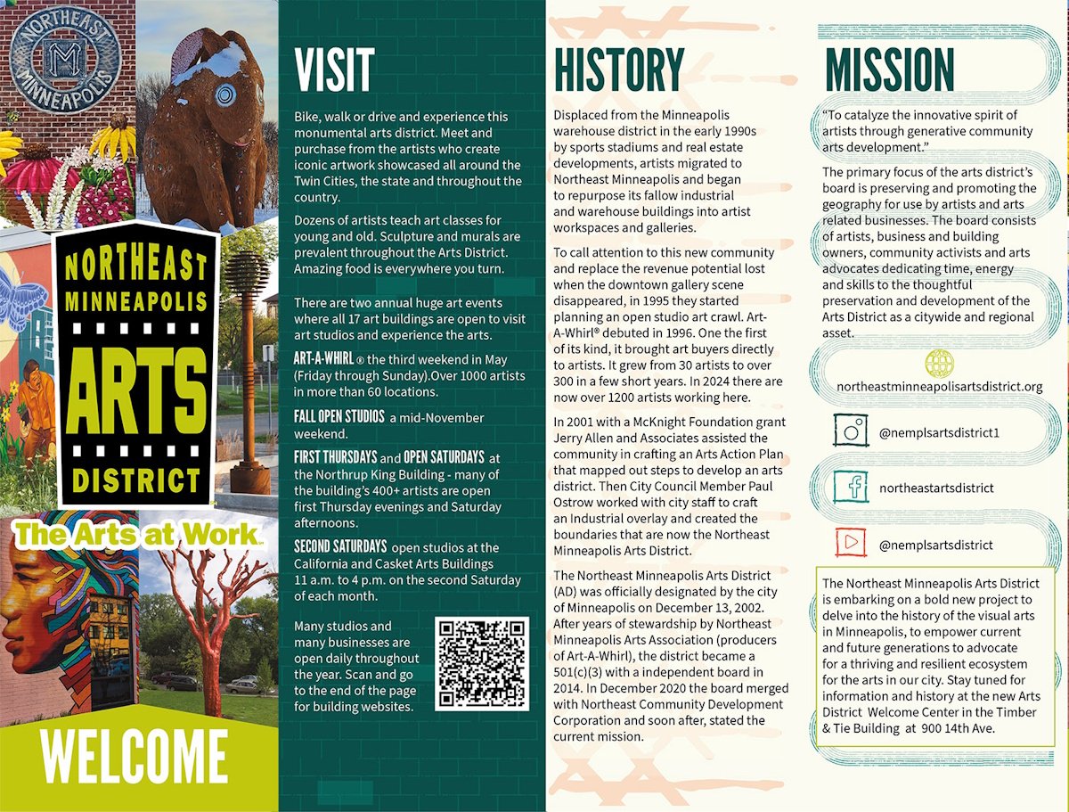 Informational flyer for the Northeast Minneapolis Arts District, featuring photos of public murals, a summary of its history, and mission statement with contact details.