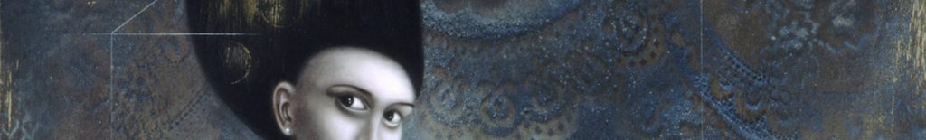 A portrait of a person with a shaved head and elaborate dark hairstyle against an intricate, textured, dark-blue background.