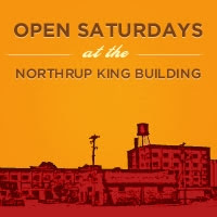 Open Saturdays at the Northrup King Building above a graphic silhouette of the buildings exterior.