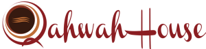 Logo for Qahwah House featuring the text Qahwah House with the letter Q stylized as a coffee cup with steam.